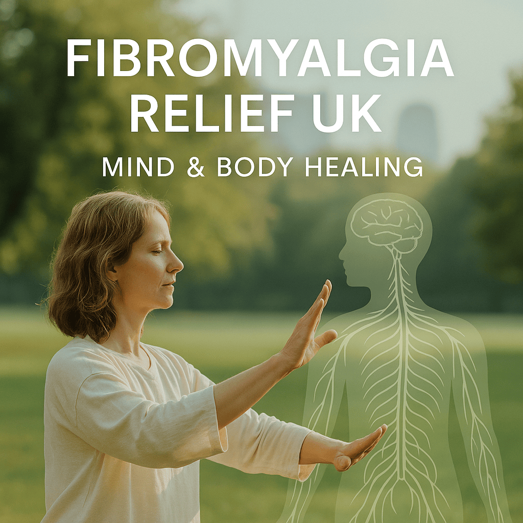 Woman practicing Tai Chi in a peaceful park, symbolising natural fibromyalgia relief in the UK through mindbody healing, osteopathy, and meditation in London, Dartford, Swanley, and Bexley.
