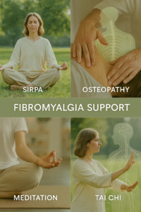 Collage showing natural fibromyalgia support methods in the UK, including a woman meditating (SIRPA), hands-on osteopathy treatment, seated meditation, and Tai Chi practice in a park, with soft overlays of the nervous system and brain to highlight the mindbody connection.
