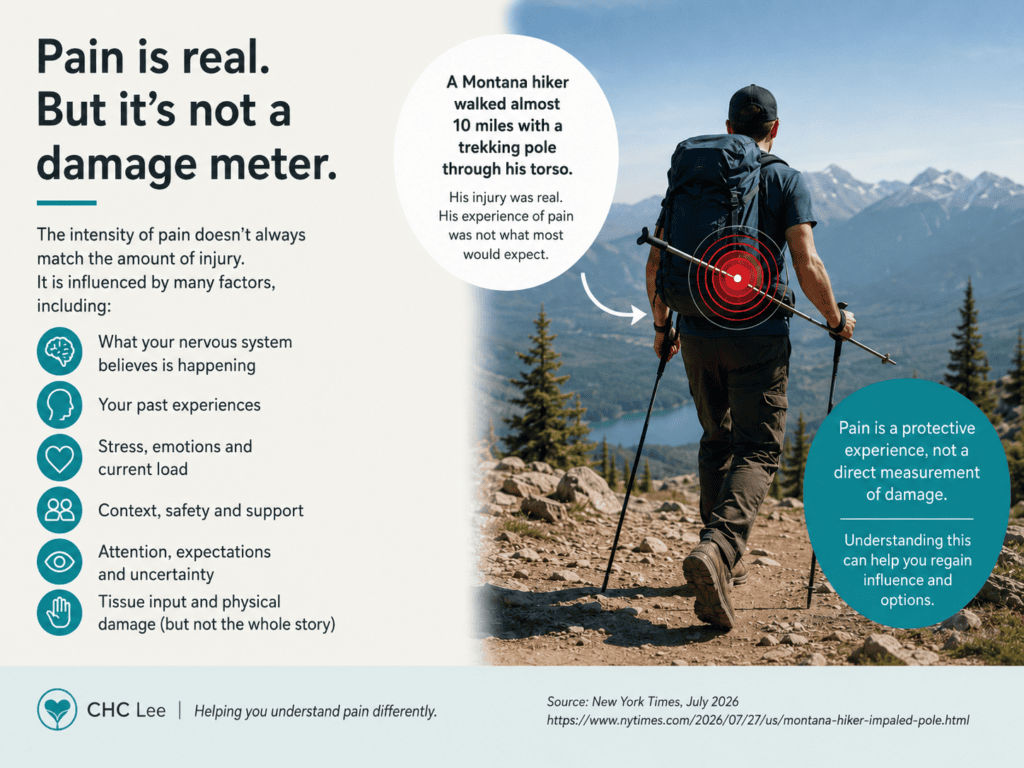 Infographic showing a mountain hiker with a trekking pole injury, explaining that pain is real but does not always match the amount of physical damage.